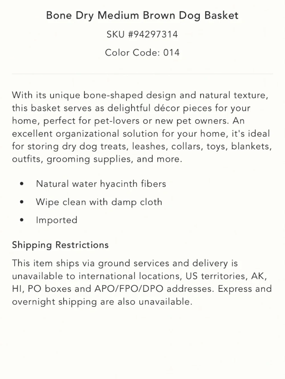 NWT Anthropologie Bone Dry Medium Basket